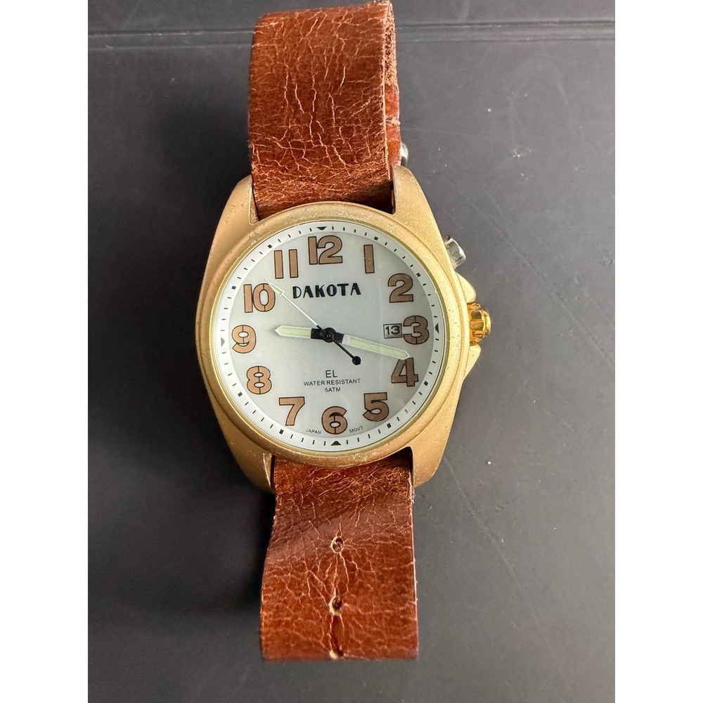 Dakota EL Water Resistant Watch Gold Aluminum Case Brown Leather Strap 5ATM